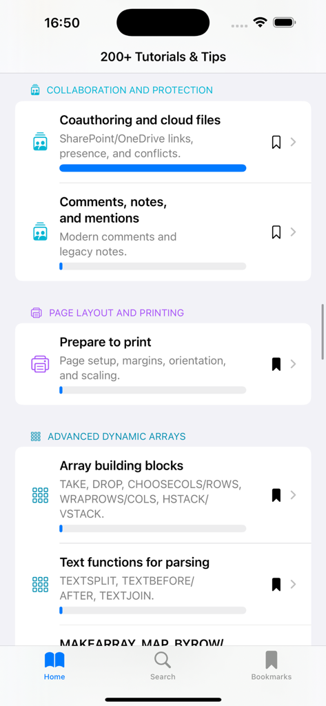 200+ Excel Tutorials & Tips - Mobile app screen showing a list of Excel tutorial categories such as collaboration and printing with progress bars.