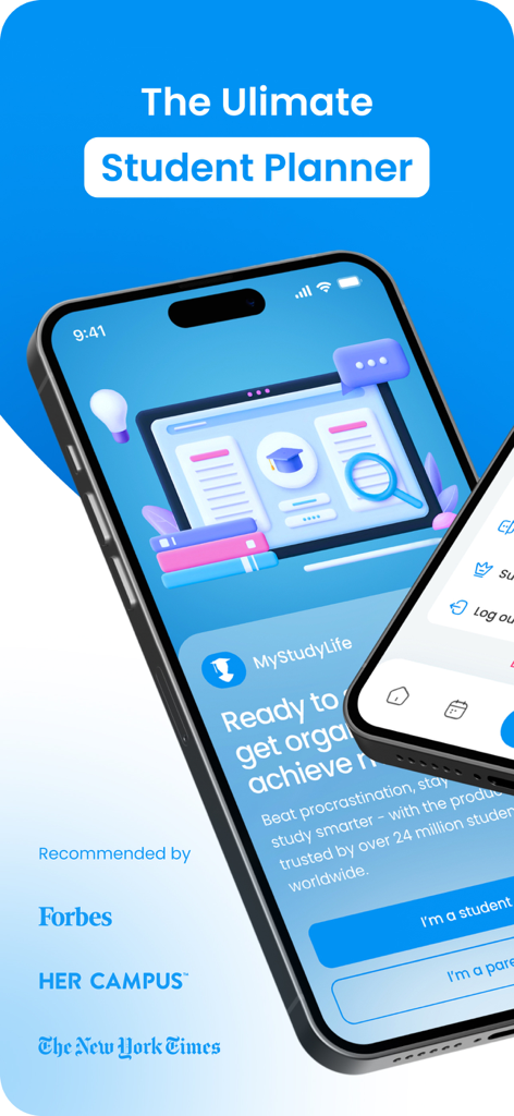 My Study Life school planner app onboarding screen with the text The Ultimate Student Planner and press recommendations