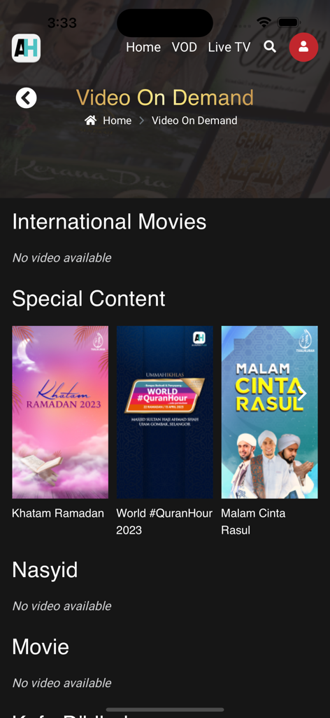 Screenshot of AlHijrah Plus app Video On Demand section featuring Islamic special content and religious programs.
