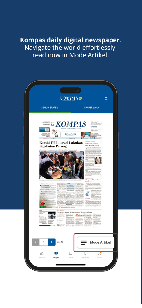Kompas.id: Baca Berita Lengkap - Smartphone screen showing the Kompas.id digital newspaper interface with a highlighted Article Mode option for easier reading