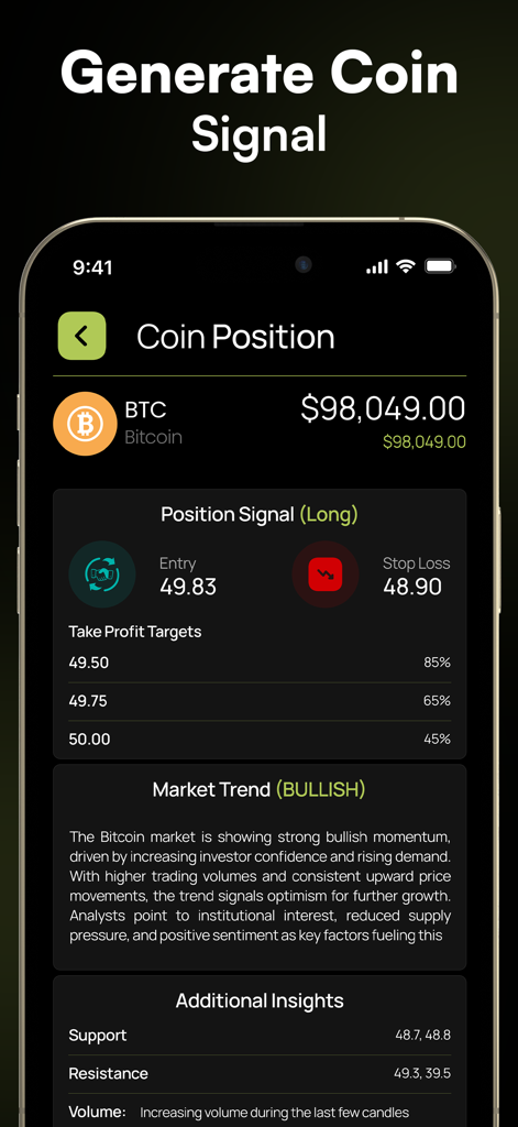 TradeGPT: Ai Trading Assistant - TradeGPT app interface showing a bullish Bitcoin trading signal with market trend analysis
