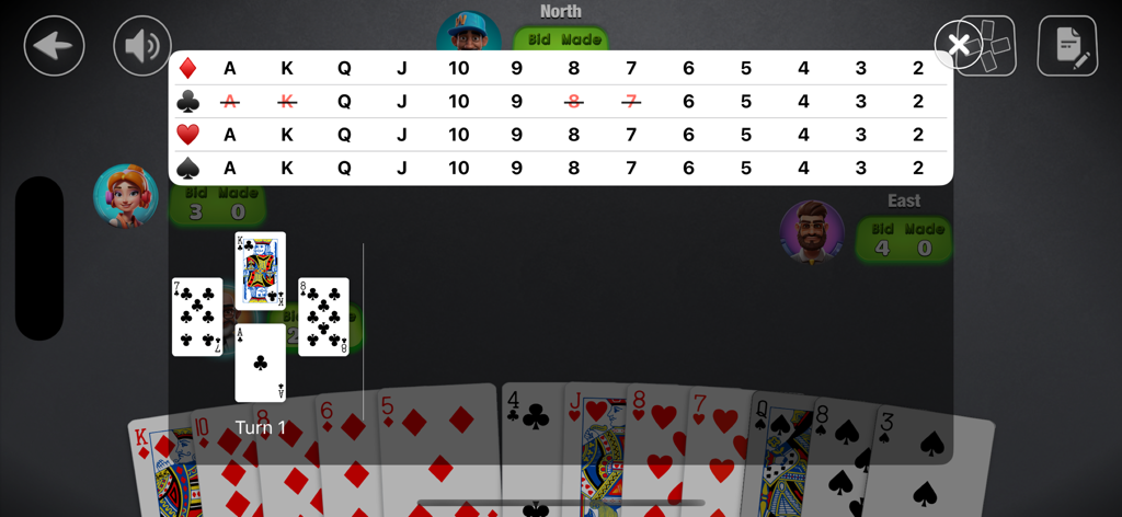 Gameplay screen of Spades offline card game featuring a card tracking table overlay and player hand