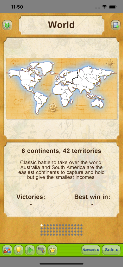 Conquest - Conquest mobile strategy game world map selection screen showing 6 continents and 42 territories