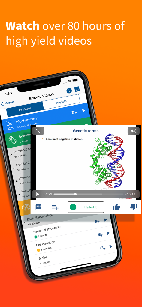 USMLE-Rx - USMLE-Rx app interface displaying high yield medical video lectures with a DNA helix diagram for genetic terms.