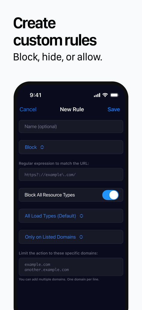 1Blocker - A screen showing the 1Blocker app interface for creating custom rules to block or hide specific website elements.