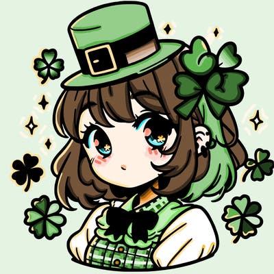 a manga-style girl with clovers around her, a little hat in her hair, like it's saint patrick's day