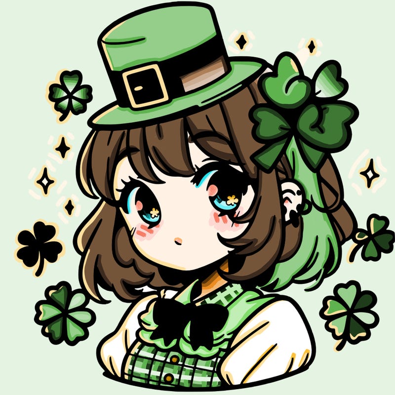 a manga-style girl with clovers around her, a little hat in her hair, like it's saint patrick's day
