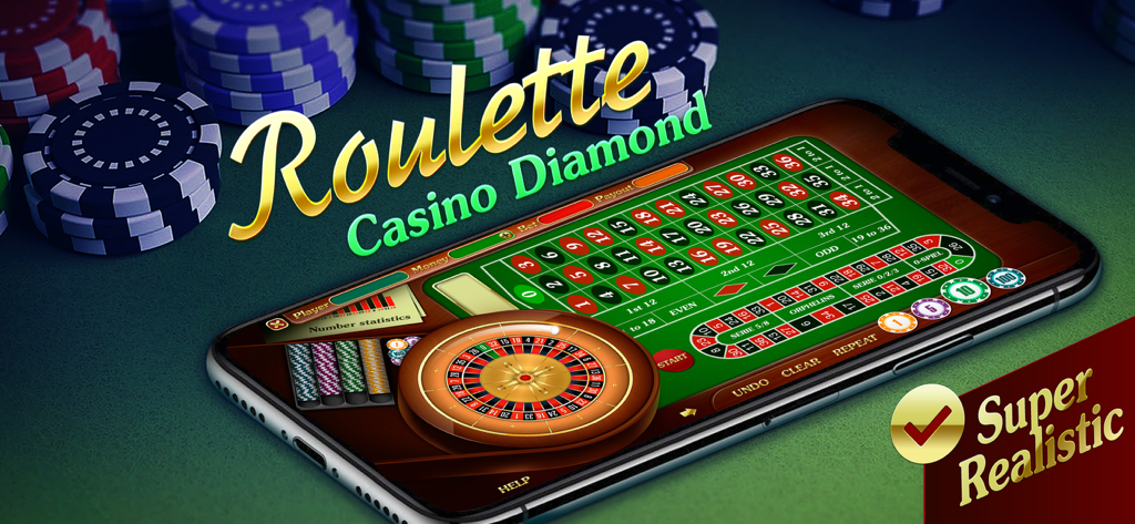 Roulette Casino Diamond mobile app interface featuring a realistic roulette wheel and betting table