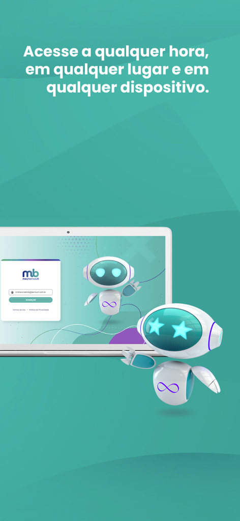 Meu Bernoulli 4.0 - Meu Bernoulli 4.0 login screen on a laptop with a friendly robot mascot.
