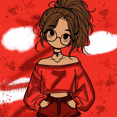 girl with a messy ponytail glasses a baggy crop top and jean shorts
