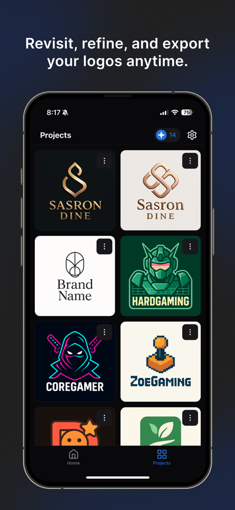 LogoGenie - AI Logo Generator - A collection of AI generated logos displayed in the LogoGenie project vault screen.