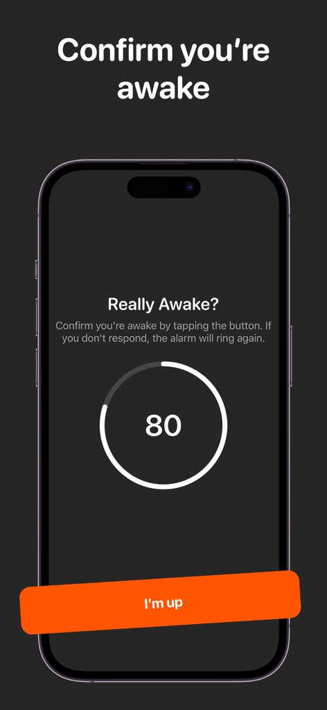 Wakey: Loud Alarm Clock - Pantalla de chequeo de despertar del despertador Wakey con un temporizador de cuenta regresiva y botón de confirmación