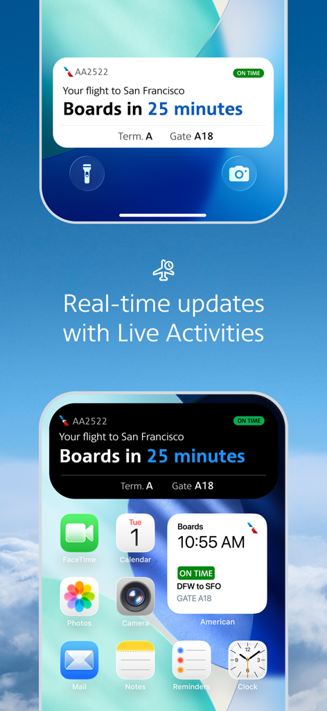 American Airlines app real-time flight updates on iPhone lock screen and home screen widgets