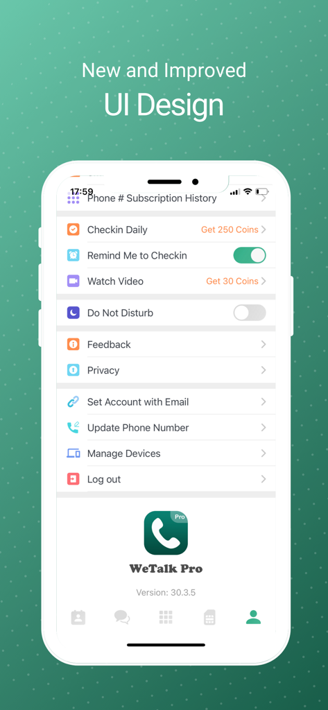 WeTalk Pro app profile settings screen showing the new user interface and options for earning free call credits