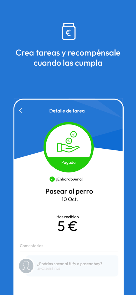 Open Young - Open Young app interface showing a five euro reward for walking the dog task