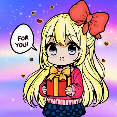 cute manga girl holding a gift saying for you