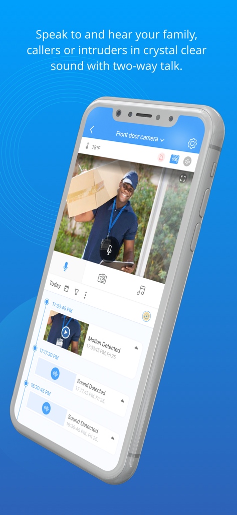 Pantalla de smartphone que muestra la transmisión de una cámara de puerta principal y alertas de detección de movimiento en la aplicación Motorola by Hubble Connected