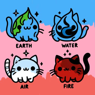 4 cats that represent the different elements, earth, water, air, and fire