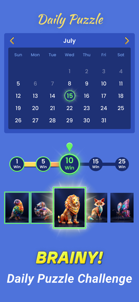 Jewelscape app daily puzzle calendar for July showing progress milestones and colorful mosaic animal rewards.