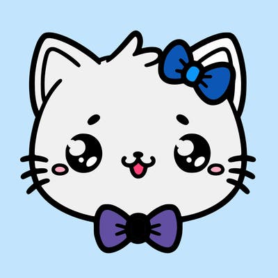 kawaii cat with a bow tie hanging from his ear