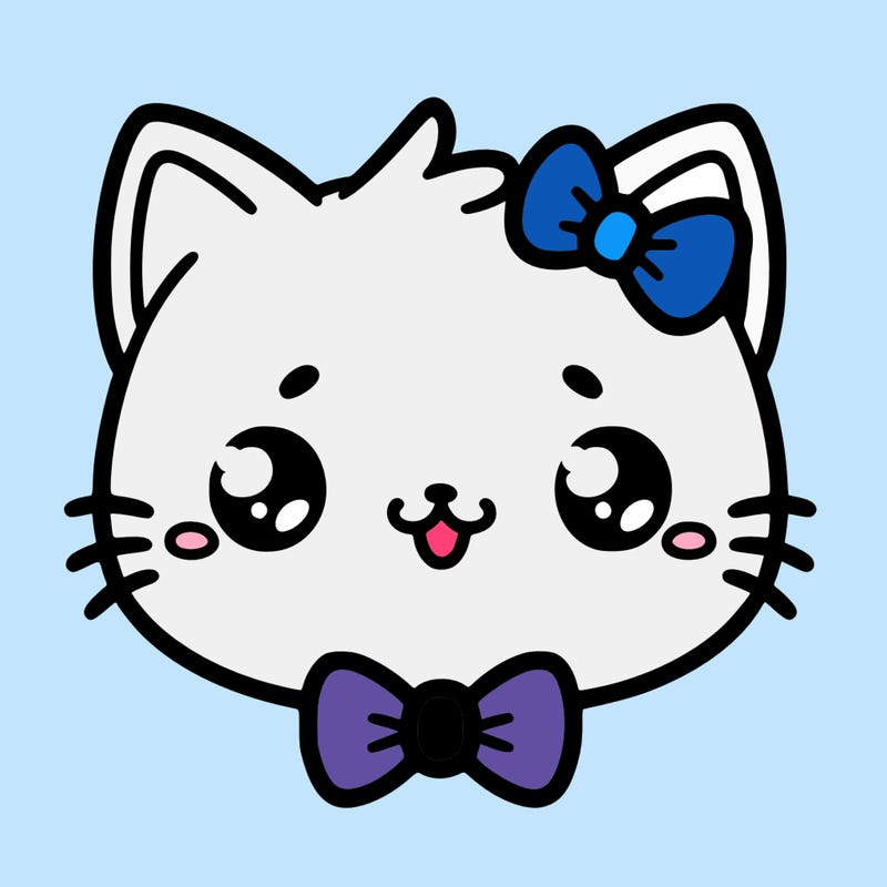 kawaii cat with a bow tie hanging from his ear
