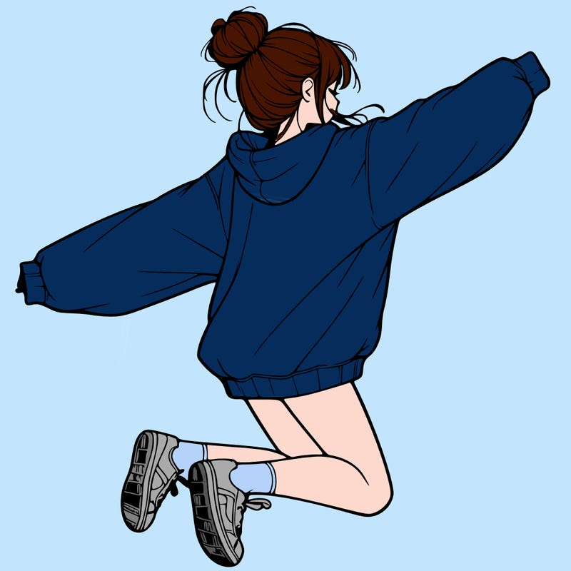 realistic girl jumping with a bun and oversized sweatshirt