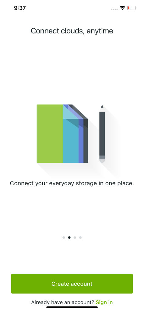 Koofr - Koofr app onboarding screen with a prompt to connect everyday storage accounts in one place