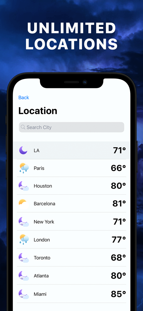 Storm Tracker° - Una lista de ciudades globales con temperaturas y condiciones meteorológicas actuales en la aplicación Storm Tracker