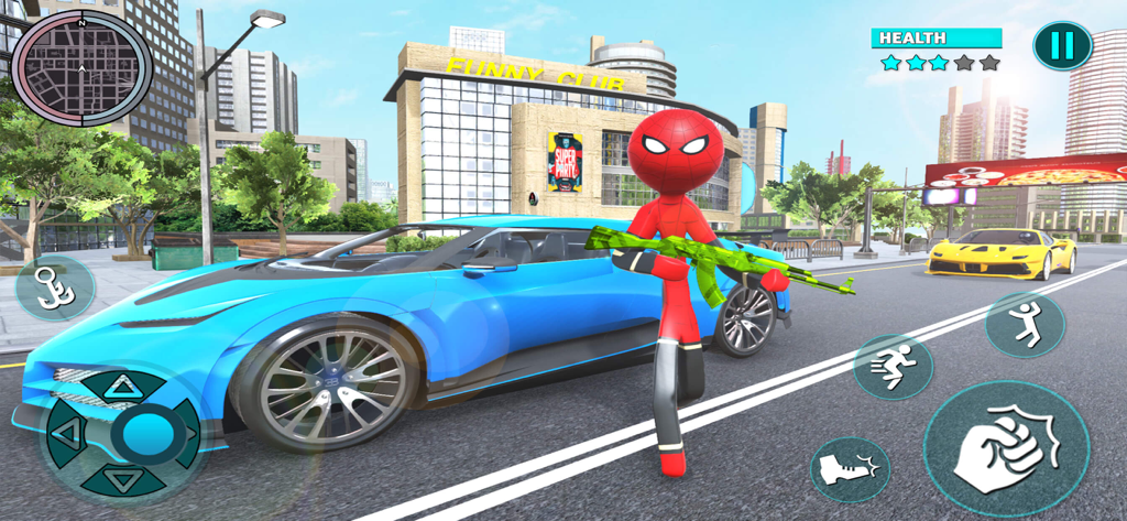 Grand Stickman City Hero Game - A red stickman hero holding a green gun next to a blue sports car in a city environment.