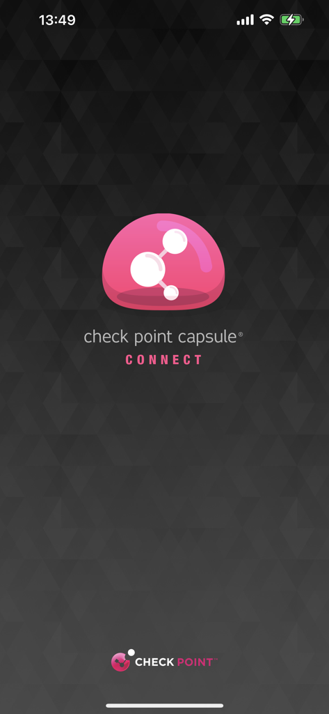 Tela inicial do aplicativo Check Point Capsule Connect com o logotipo da molécula rosa em um fundo geométrico escuro