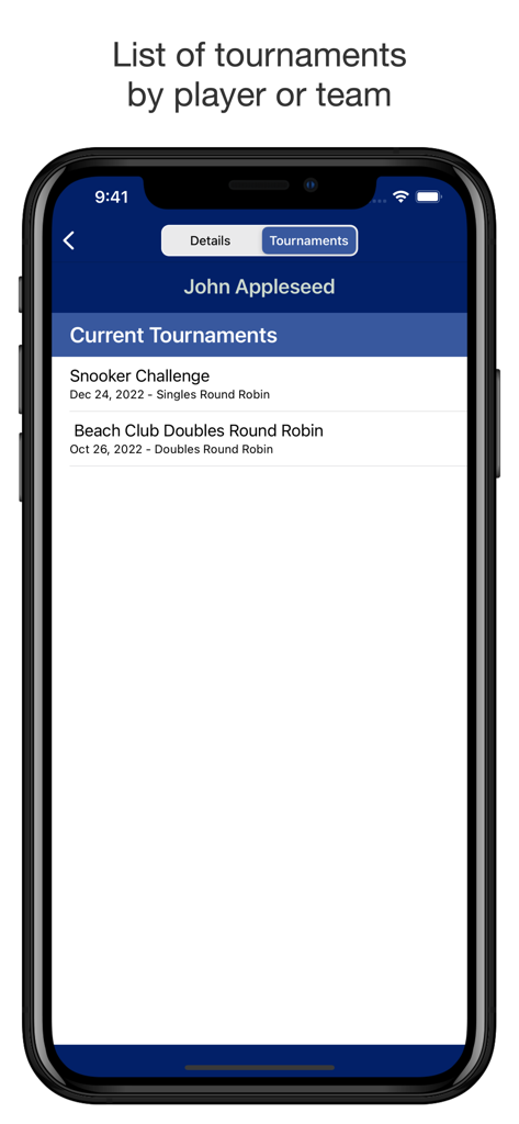 Mobile screen showing a list of active sports tournaments for an individual player within the All-Play-All app