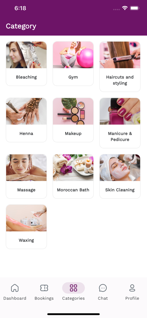 BB App - Beauty Booking Qatar - Pantalla que muestra categorías de servicios de belleza en la App BB, incluyendo Maquillaje Henna y Baño Marroquí