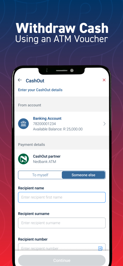 Hello Paisa - Hello Paisa mobile app interface for withdrawing cash via an ATM voucher and sending it to a recipient.