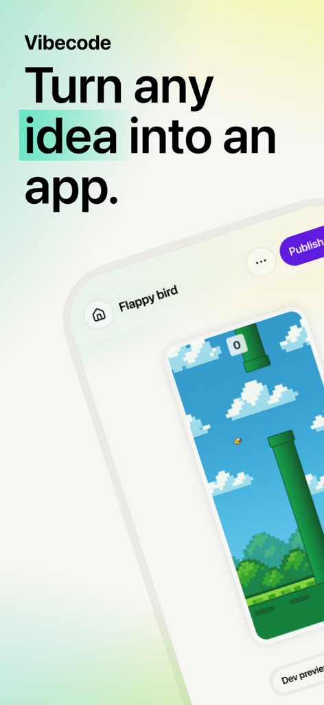 Vibecode - AI App Builder - Interfaz de la aplicación móvil Vibecode mostrando un proyecto de juego Flappy Bird con el texto Convierte cualquier idea en una app
