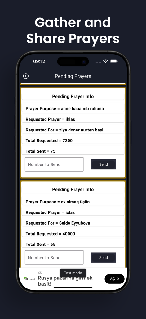 Interface of the Digital Tasbeeh Counter app showing a community prayer request and sharing screen