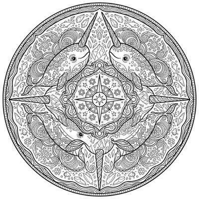 Discover tranquility with this stunning Narwhal Mandala adult coloring page. Immerse yourself in the intricate details of these 'unicorns of the sea' within a symmetrical, stress-relieving design.