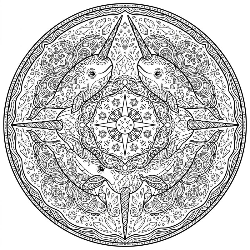 Discover tranquility with this stunning Narwhal Mandala adult coloring page. Immerse yourself in the intricate details of these 'unicorns of the sea' within a symmetrical, stress-relieving design.