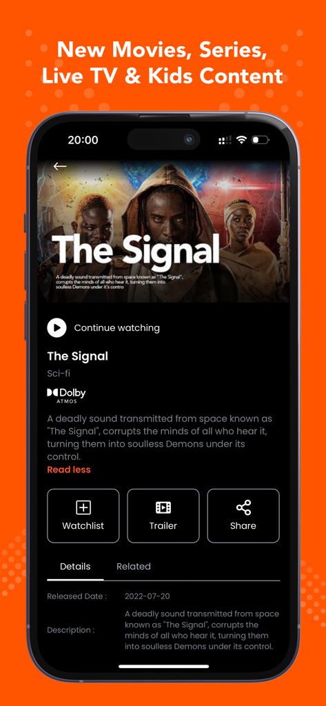 Wi-flix - Captura de pantalla de la aplicación Wi-flix mostrando detalles de la película The Signal.