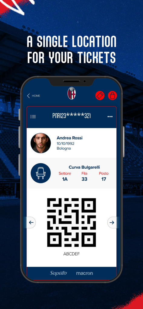 A mobile screen from the Bologna FC 1909 app showing a digital match ticket with a QR code for stadium entry