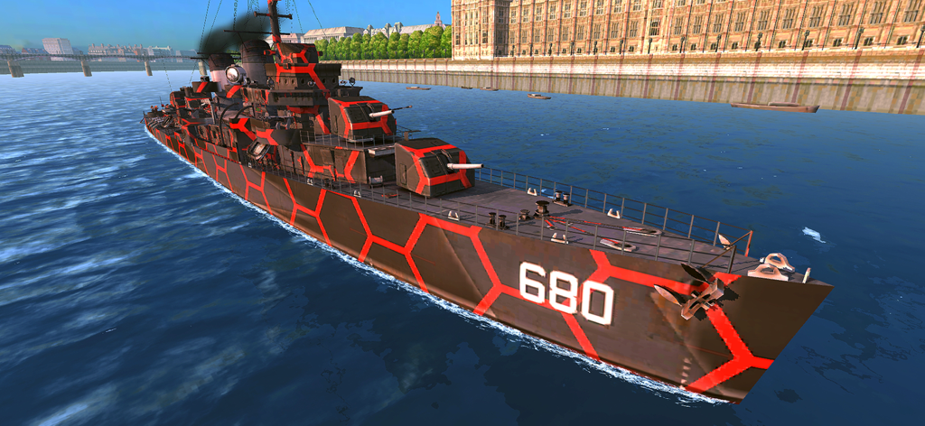 Battle of Warships: Naval Wars - 3D rendered battleship with red and black camouflage in Battle of Warships Naval Wars