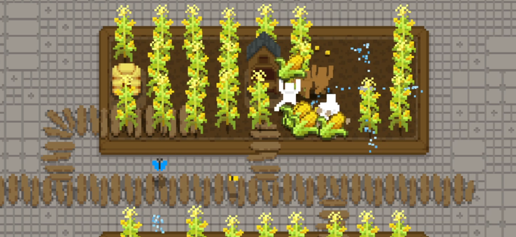 Tiny Terraces - Scena in pixel art di minuscoli personaggi bianchi che raccolgono mais in un giardino terrazzato.