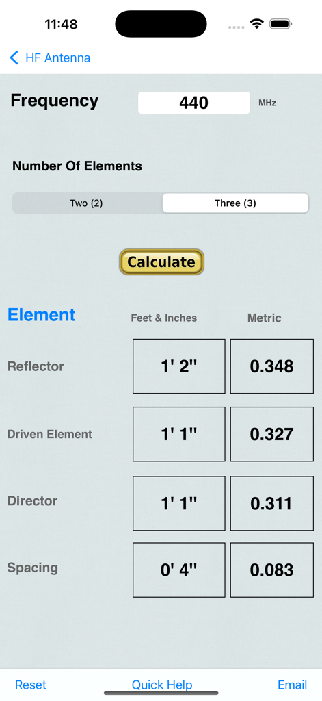 HF Beam Antenna Calculator app interface showing calculated antenna element dimensions in feet and meters for a three element configuration