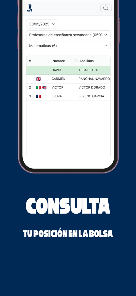 Bolsa Interinos CLM 2025/26 - Écran mobile montrant le classement et la position de l'enseignant dans la bourse des remplaçants de Castille-La Manche.