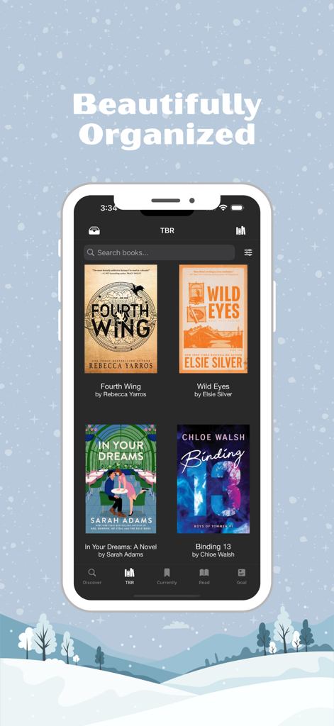 TBR Bookshelf app displaying an organized digital list of popular books like Fourth Wing and Wild Eyes.