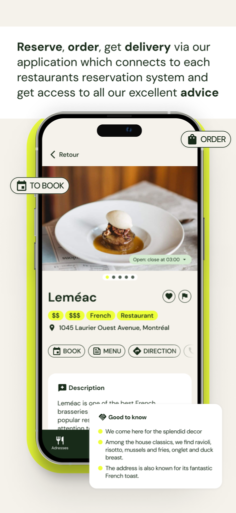 Ein Screenshot der Tastet plus Restaurantführer-App, der ein Restaurantprofil für Leméac in Montreal mit Buchungs- und Bestelloptionen zeigt.