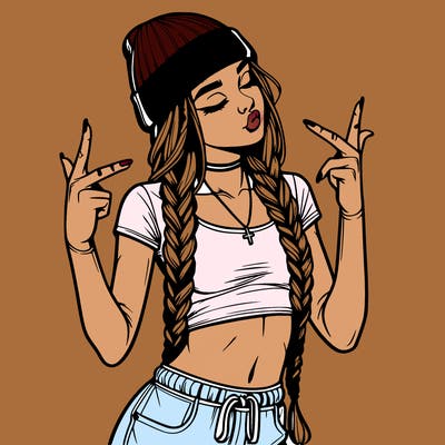 realistic teenage girl with braids and a beanie and crop top doing 🫶🏼