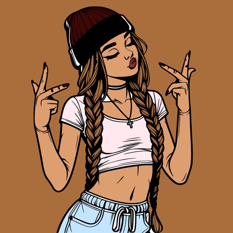 realistic teenage girl with braids and a beanie and crop top doing 🫶🏼