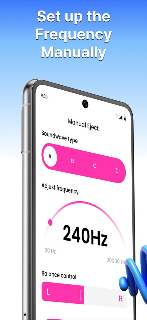 Water Eject: Clean Speaker - Manuelle Frequenzeinstellungsbildschirm in der Water Eject App zur Reinigung von Telefonlautsprechern.