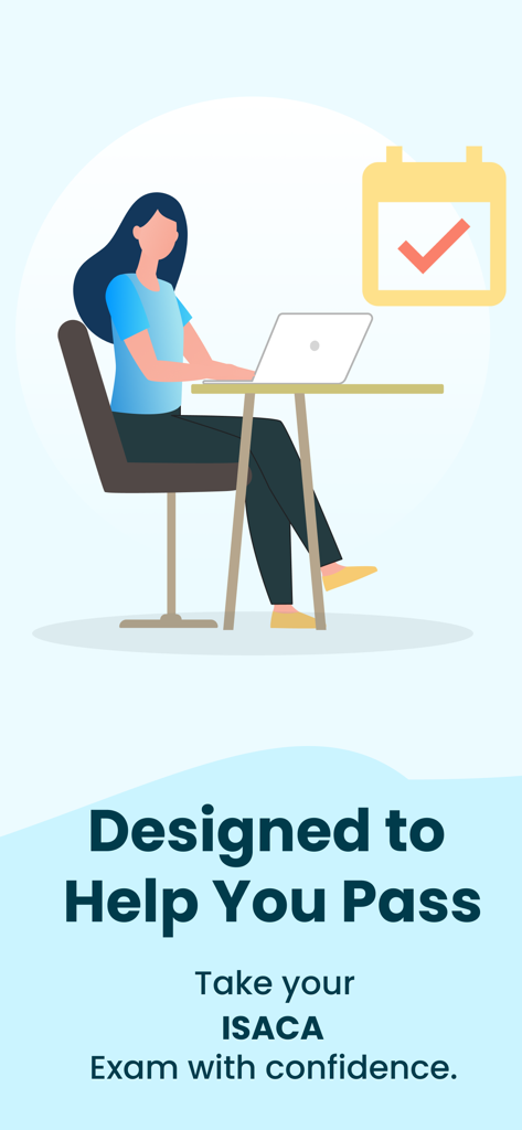 ISACA EXAM PREP 2026 - Una ilustración de una mujer profesional estudiando en una computadora portátil con una marca de verificación en el calendario simbolizando el éxito en el examen