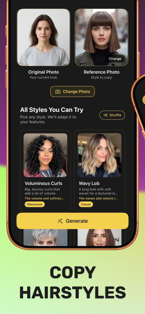 Interface of Naee app showing how to copy hairstyles from a reference photo using AI technology.